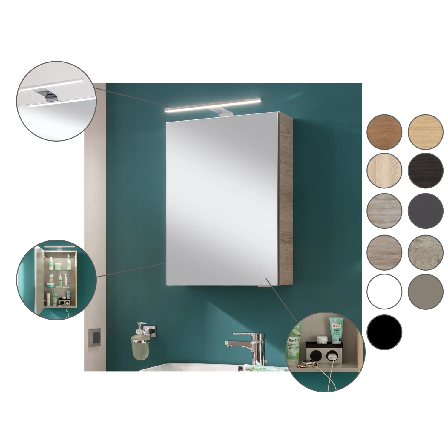 Fackelmann LED-Spiegelschrank SBC Cubanit Grau, 40x68x15cm, mit Beleuchtung und Soft-Close-System.