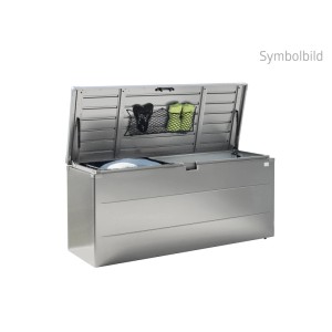 Offene Biohort StyleBox 140 Universalbox in Quarzgrau-Metallic mit Gasdruckfeder-Deckel und Netzfach.