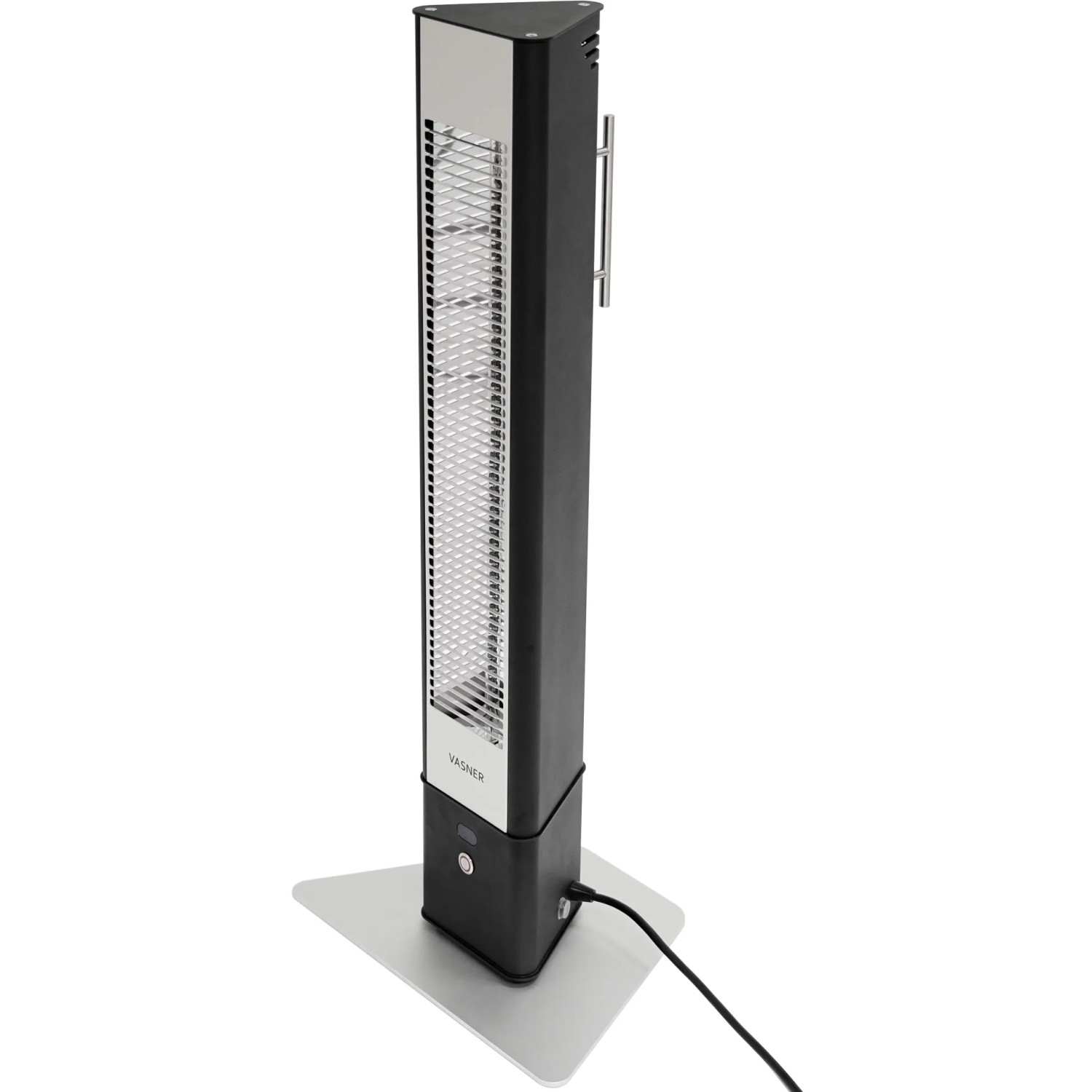 Schwarzer VASNER HeatTower Infrarot-Heizstrahler 2500W mit Fernbedienung für Terrasse & Garten.