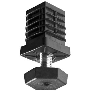 Schwarzer Hettich Tischbein-Abschlussstopfen 25x25 mm mit Stellschraube für Möbelbeine.