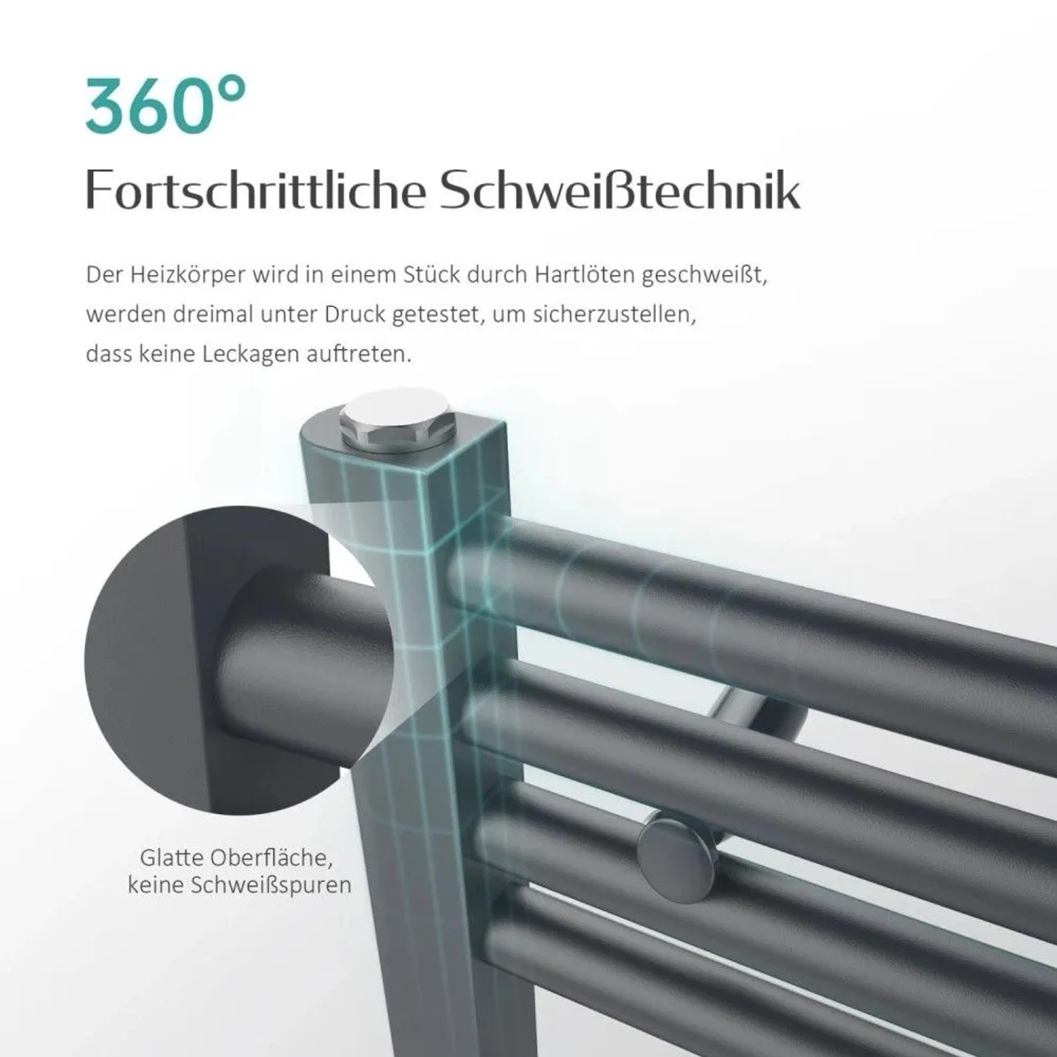 Emke Badheizkörper Handtuchwärmer: Detail fortschrittlicher Schweißtechnik, glatte Oberfläche, keine Schweißspuren. Anthrazit.
