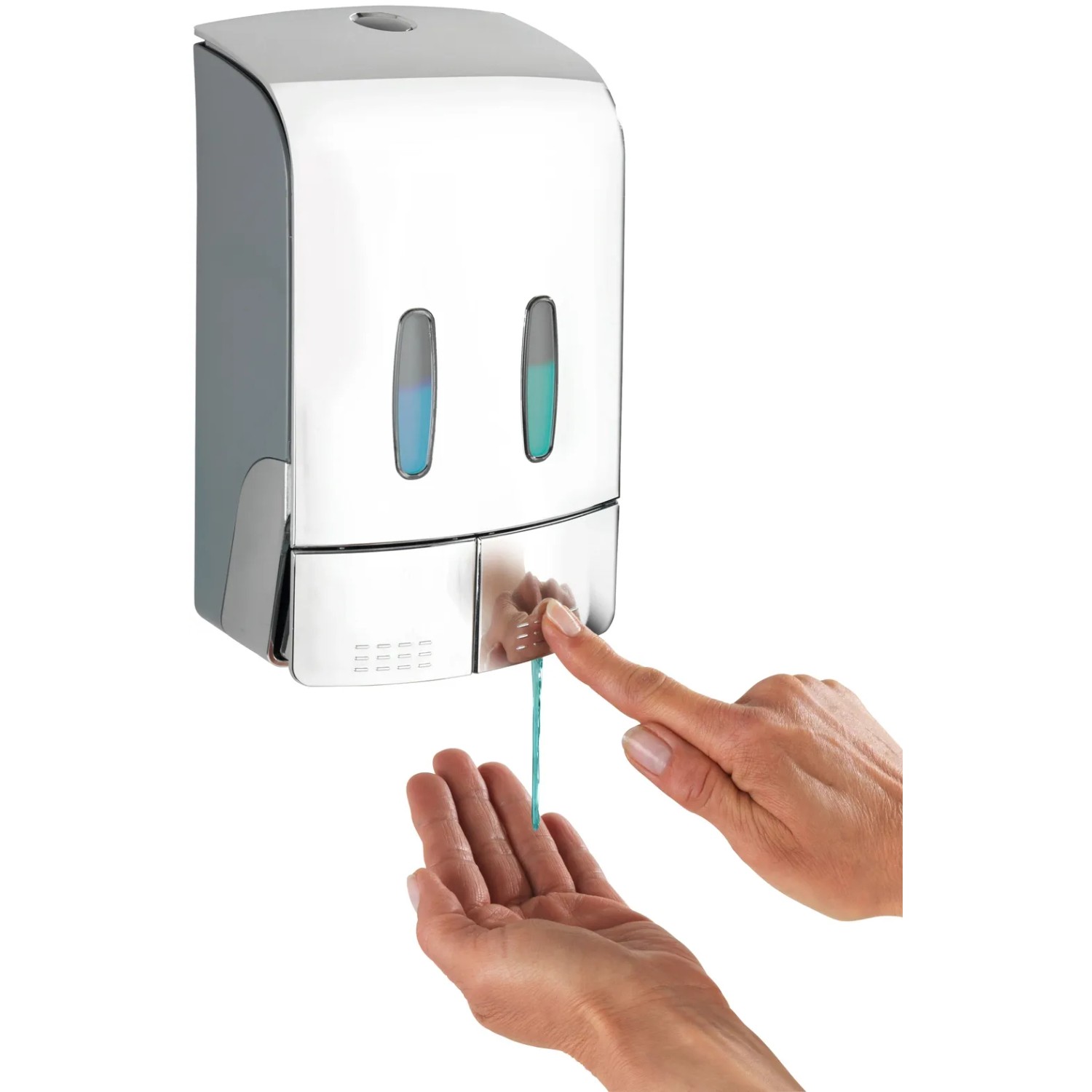 Wenko 2-Kammer Seifenspender Tartas Chrom zur Wandmontage mit Händedesinfektion.