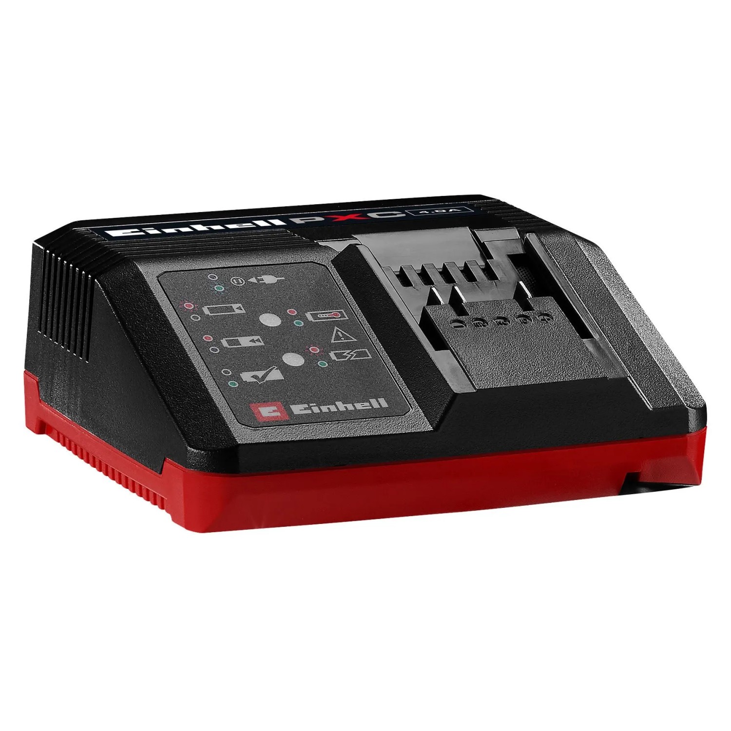 Einhell Power X-Change PXC-Ladegerät Power X-Fastcharger 4A, schwarz-rot, mit LED-Anzeige für Akkus von Elektrowerkzeugen.