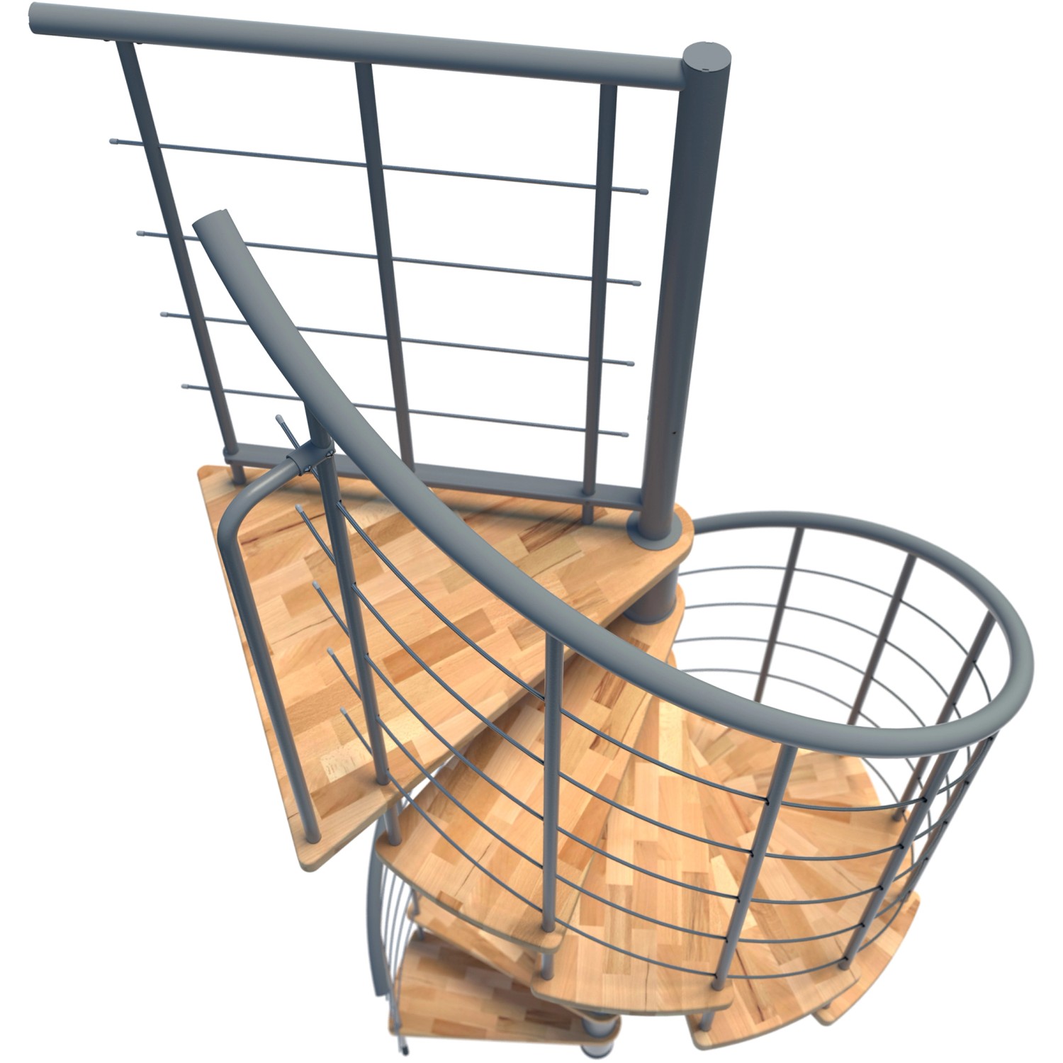 Minka Spindeltreppe Venezia Smart Buche Grau, Draufsicht. Wendeltreppe mit Holzstufen und grauem Geländer.