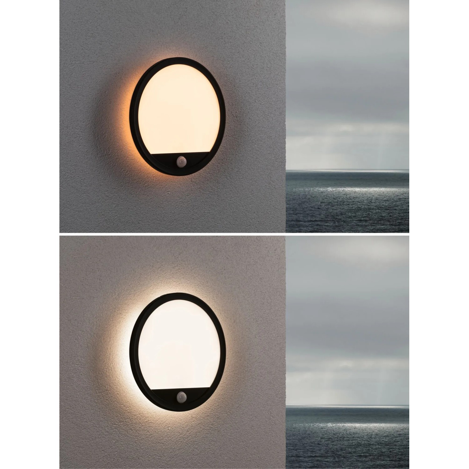 Paulmann LED-Außendeckenleuchte Lamina rund, schwarz, mit Bewegungssensor und warmweißem Licht.
