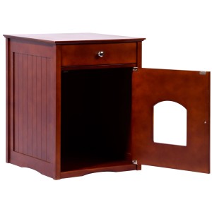 Brauner Design Katzenschrank mit Schublade und offener Tür. Katzenhöhle im Möbeldesign.