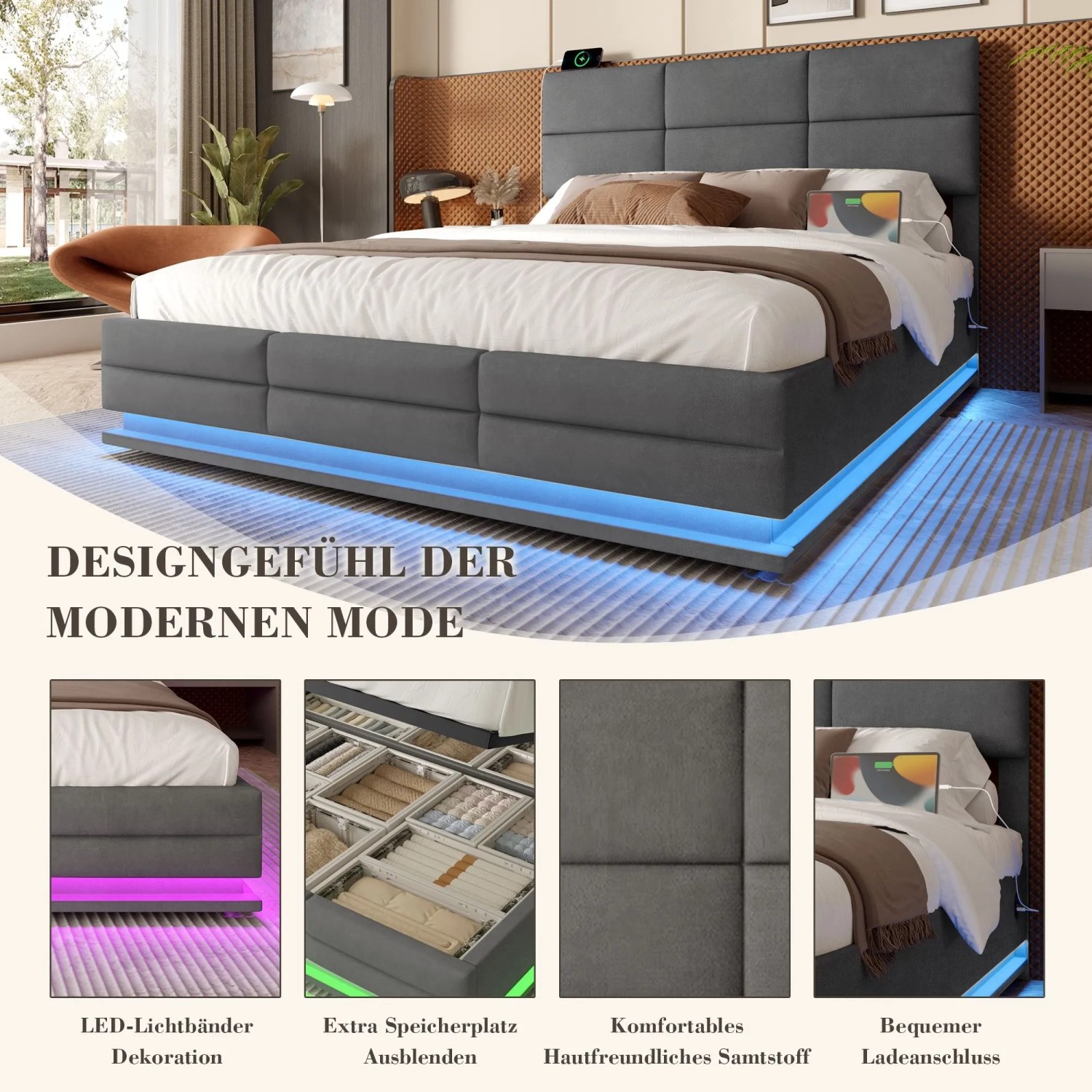 okwish Polsterbett 140x200cm mit LED USB C Hydraulik Stauraum Schlafzimmer Grau ohne Matratze_7