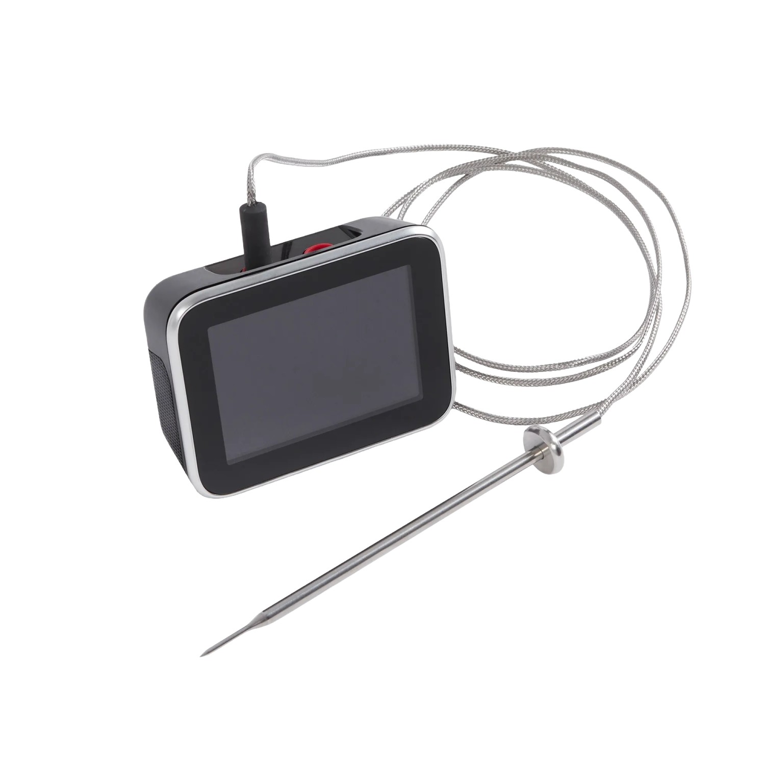 Weber Smart Hub Display-Basisstation in Schwarz-Silber mit Temperaturfühler für Grillutensilien.
