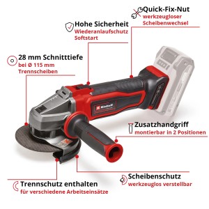 Einhell Akku-Winkelschleifer TE-AG 18/115 Q Li-Solo mit Trennscheibe und Zusatzhandgriff.