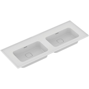 Weißer Ideal Standard Strada II Möbeldoppelwaschtisch, 124 cm breit, ohne Hahnlöcher.