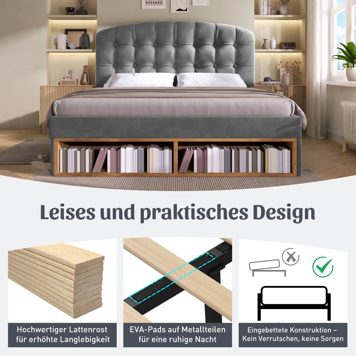 okwish Polsterbett 140x200cm mit Samtbezug Schubladen Jugendbett Grau ohne Matratze_9