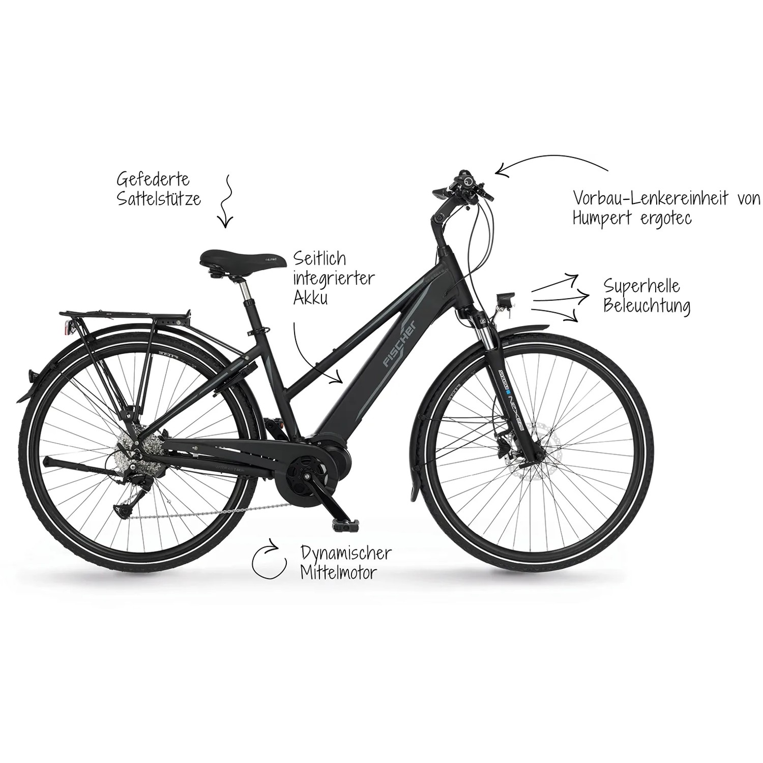 Schwarzes Fischer E-Bike Trekking-Rad Viator 4.1i Damen mit Trapezrahmen und Mittelmotor.