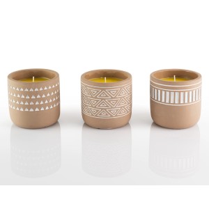 FlowerPower Citronellakerzen Duro, 3er-Set, Ø 10cm, Terrakotta mit verschiedenen Mustern.