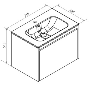 Skizze des Fackelmann Waschtisch-Sets Compact Line, 71 cm, Eiche, mit Maßangaben.