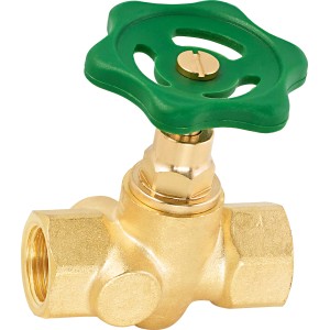 Messing Durchgangsventil mit grünem Griff zur Regulierung von Wasserleitungen.