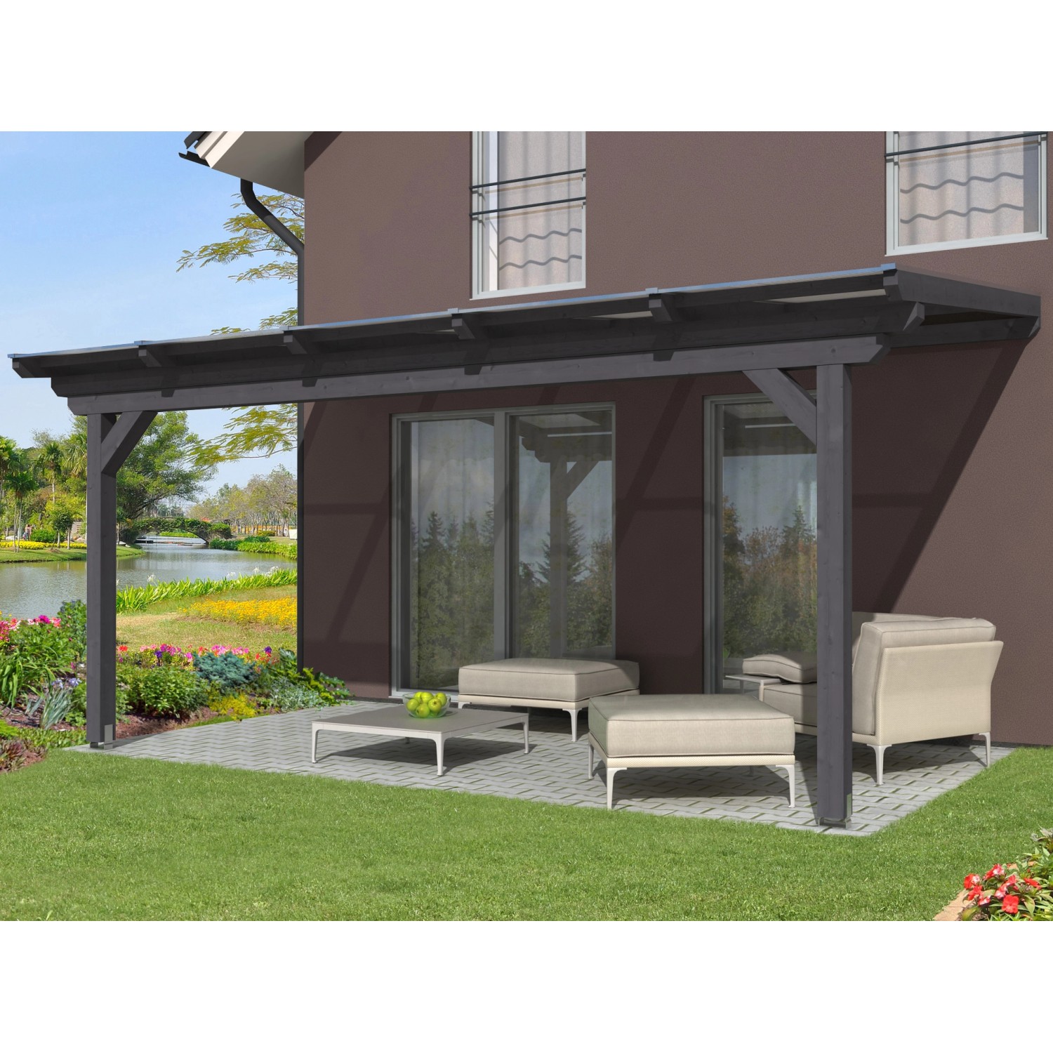 Skan Holz Terrassenüberdachung Ancona, 541x300 cm, Leimholz schiefergrau mit Polycarbonat-Doppelstegplatten.