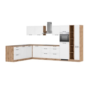 Held Winkelküche Kempten, 360 cm, Weiß/Wotan, mit E-Geräten: Backofen, Kochfeld, Geschirrspüler, Dunstabzugshaube.