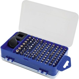 LUX Smartphone-Reparatur-Set, 108-teilig, in geöffneter, blauer Box mit transparentem Deckel.