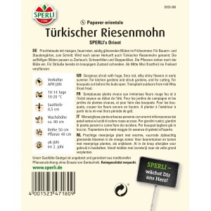 Samenpackung Türkischer Riesenmohn 'Sperlis Orient Orange' mit orangen Blüten.