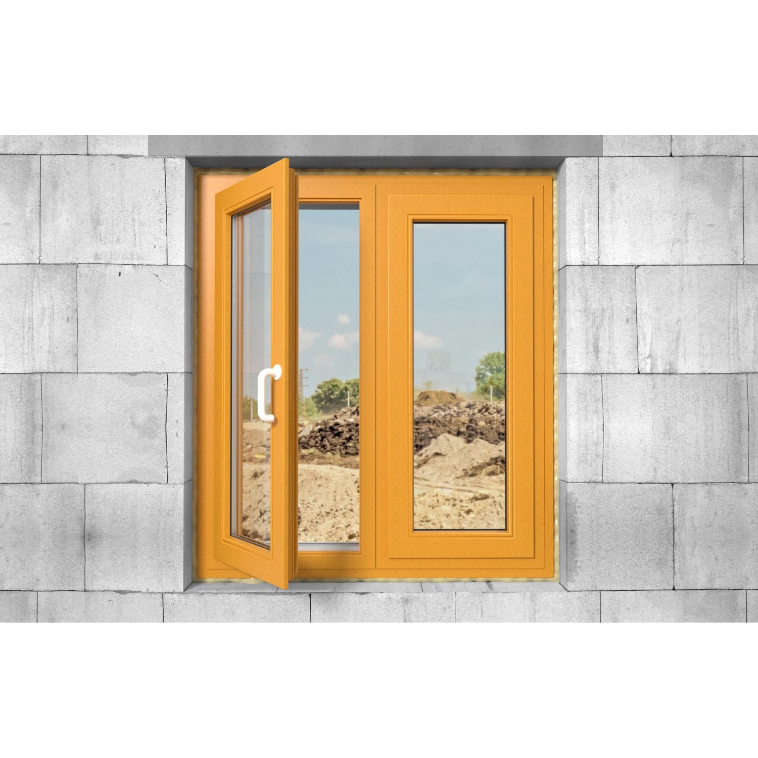 Gelber Fensterrahmen in Mauerwerk eingebaut, ein Fenster geöffnet.