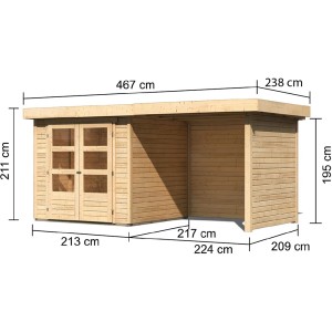 Karibu Holz-Gartenhaus Boras, unbehandelt, mit Maßangaben. Ideal zur Aufbewahrung im Garten.