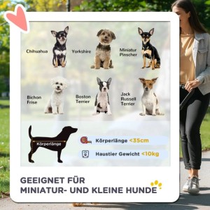 Infografik: Eignung des PawHut Hundewagens für kleine Hunde (Chihuahua, Yorkshire) mit Größenempfehlung (<35cm, <10kg).