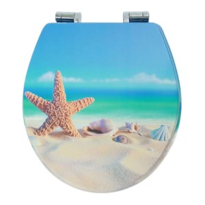 MDF WC-Sitz mit Strandmotiv: Seestern, Muscheln auf Sand, blaues Meer. Mit Absenk-Automatik.