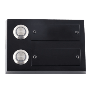 REV Ritter Türklingel mit zwei Klingeltastern und Namensschildern aus schwarzem Metall.