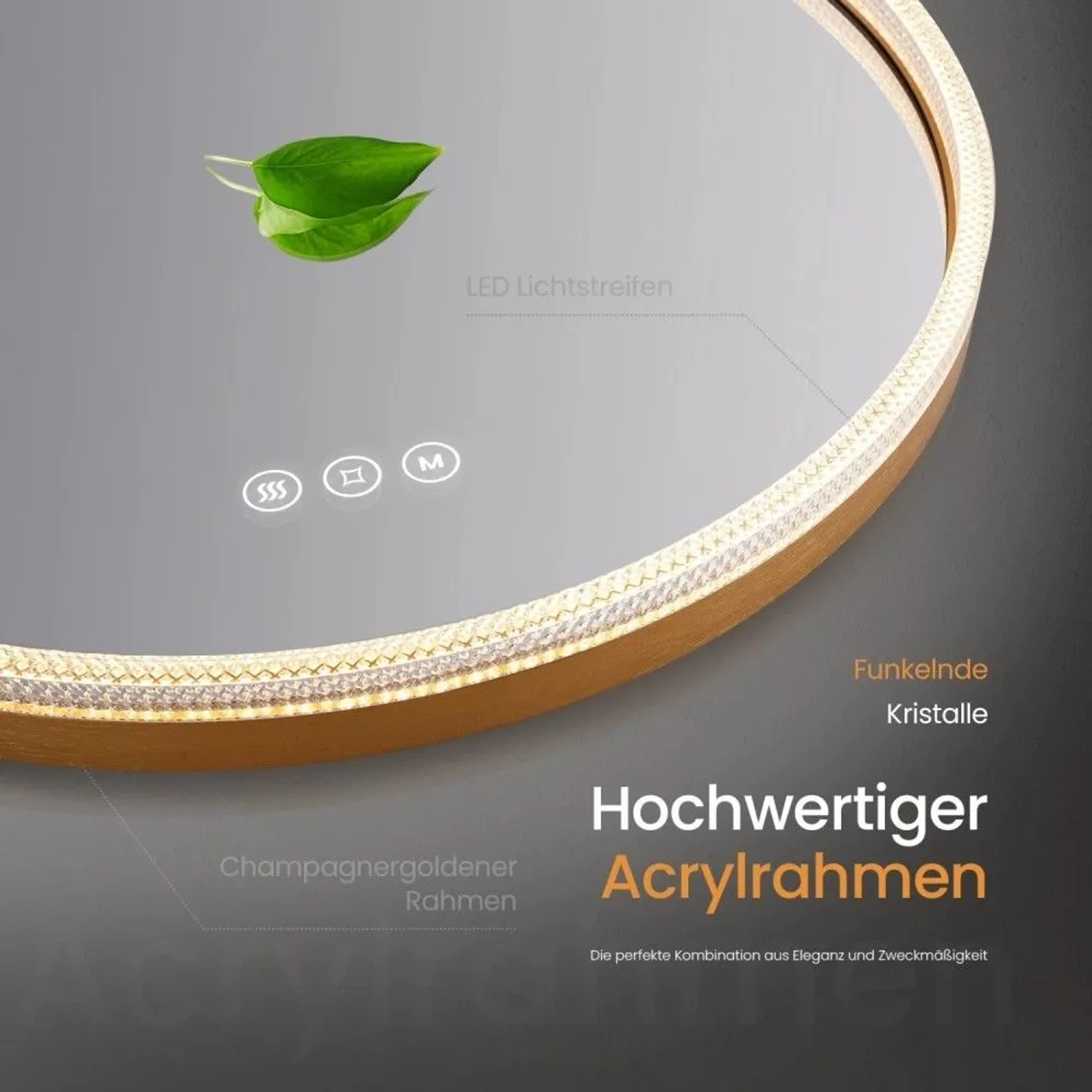 Runder LED Badezimmerspiegel 60 cm mit goldenem Acrylrahmen, dimmbarer Beleuchtung, Antibeschlag und Touch-Steuerung.