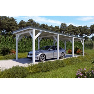 Holzbrüder Einzelcarport Ralf, reinweißes Holz, dornengrünes Blechdach, mit Auto.