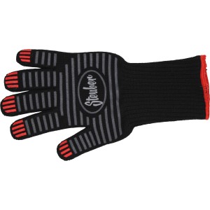 Schwarzer Steuber Grillhandschuh mit Silikonstreifen und rotem Saum.