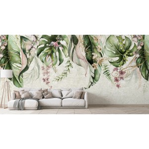 Marburg Fototapete Floral Modern Grün-Grau mit Blättern und Blüten im Wohnzimmer.