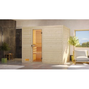 Weka Massivholzsauna Valida 4 Sparset mit Glastür in heller Holzoptik.