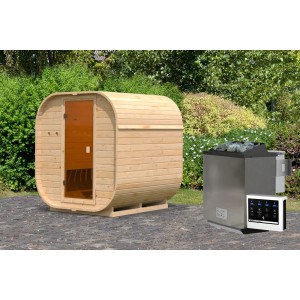 Karibu Fasssauna Quadro 1 mit Ofen (9 kW Bio Extern) aus naturbelassenem Holz.