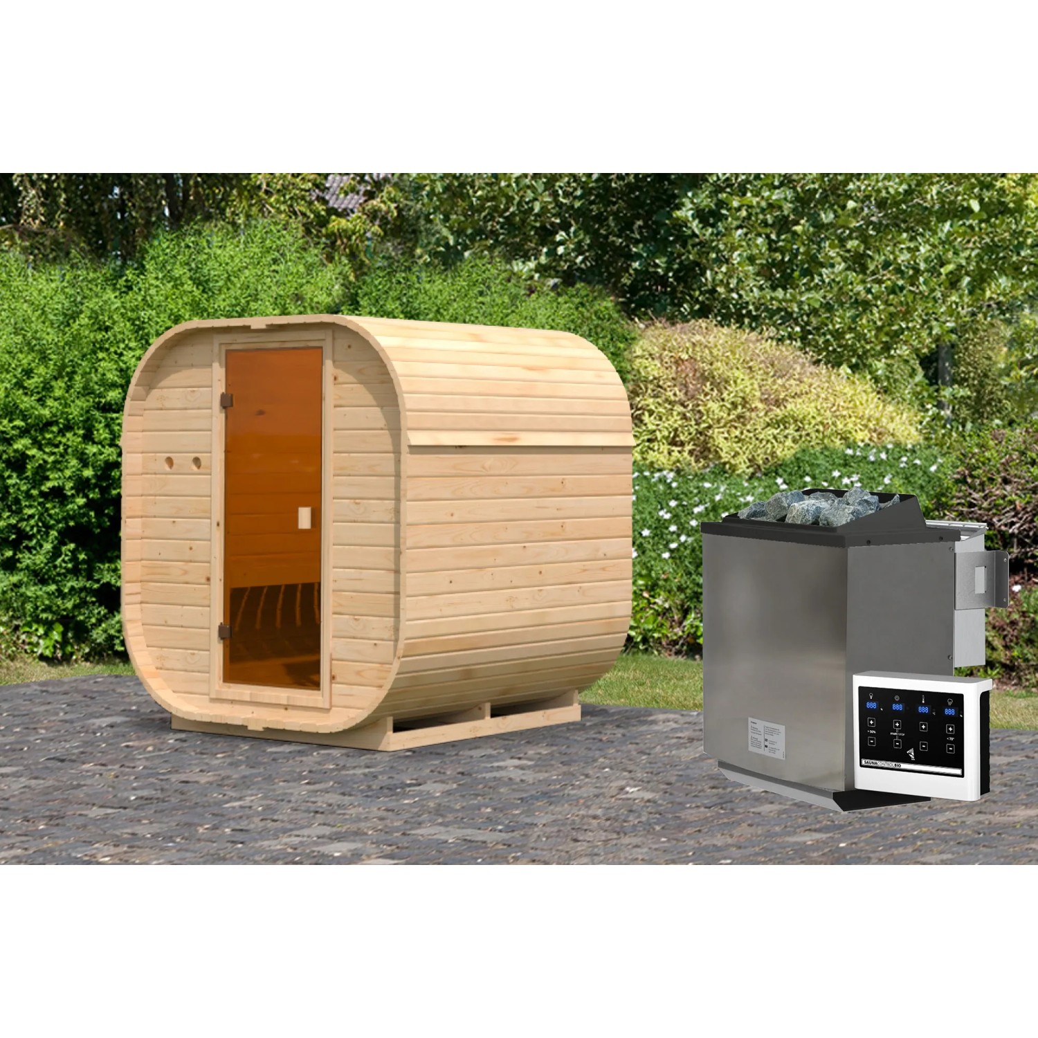 Karibu Fasssauna Quadro 1 mit Ofen (9 kW Bio Extern) aus naturbelassenem Holz.