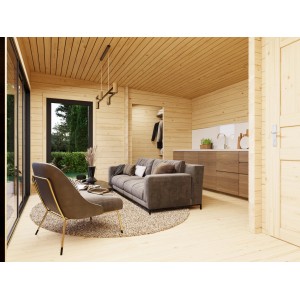 Innenansicht Palmako Ferienhaus Cecilia mit Wohnbereich, Küche und Bad.