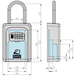 Technische Zeichnung: Basi Schlüsselsafe SSZ 200B, Tresor mit Zahlenschloss und Maßen.
