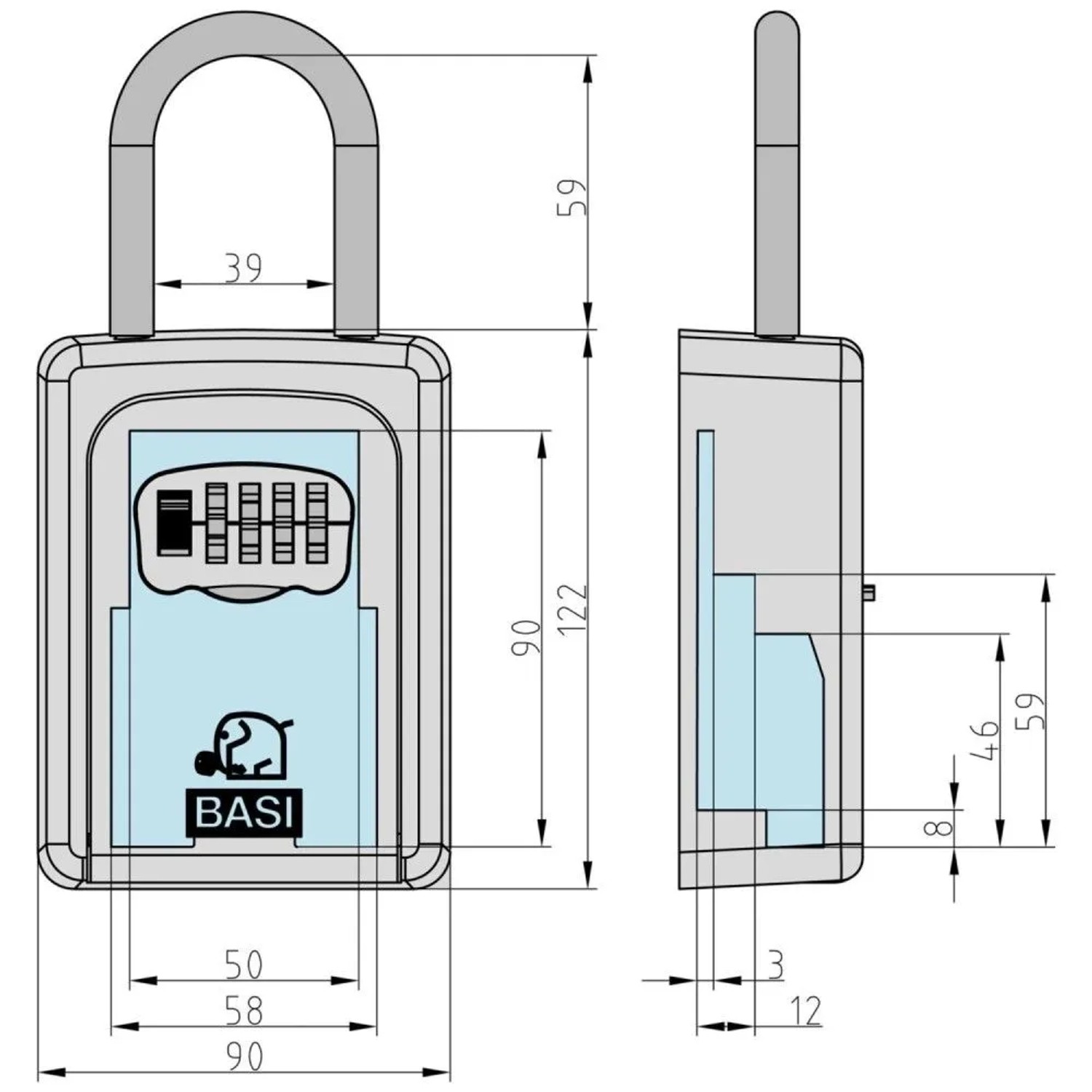 Technische Zeichnung: Basi Schlüsselsafe SSZ 200B, Tresor mit Zahlenschloss und Maßen.