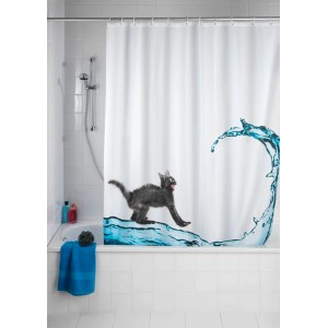 Mehrfarbiger Wenko Anti-Schimmel Duschvorhang Cat, 180x200 cm, mit Katzen- und Wassermotiv.