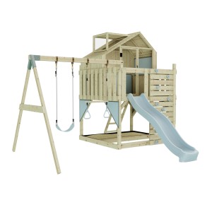 PolarPlay Spielturm Lasse Eisblau mit Schaukel, Rutsche und Kletterwand aus Holz.
