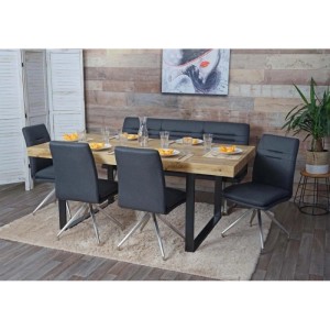Essgruppe: Dunkelgraues Esszimmer-Set mit 4 Stühlen und Bank, Tisch ca. 160 cm breit.