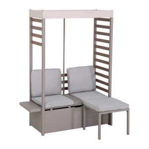 Graues Sunjoy Gartensofa Faro aus Stahl mit Stauraum und ausziehbarem Sitz als Balkonmöbel.