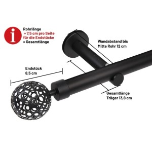 Schwarze Deco-Raum Gardinenstange Ø 25mm mit dekorativem Kugel-Endstück. Detailansicht der Wandhalterung und Maße.