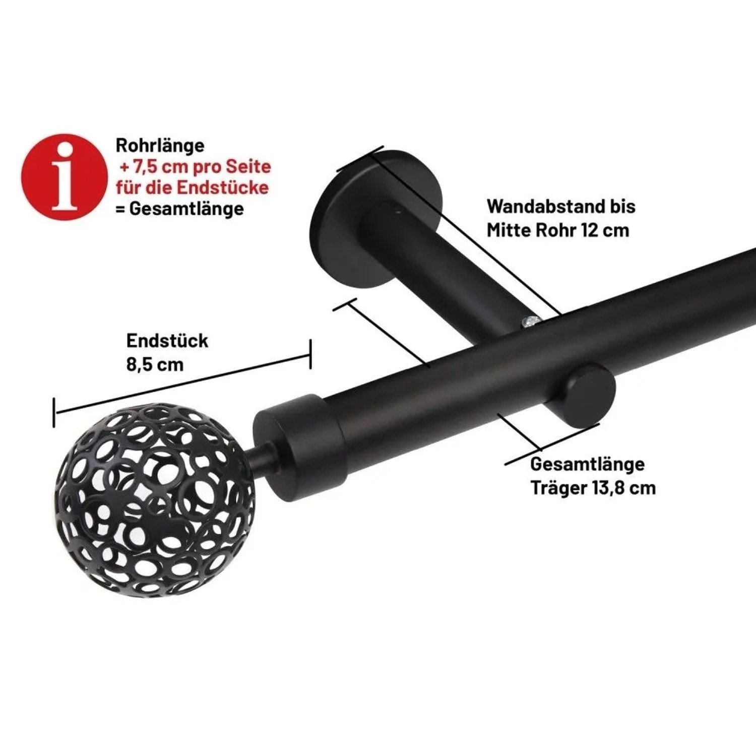 Deco-Raum Gardinenstange nach Maß 1-Lauf Kugel Ø 25mm Schwarz 360cm_2