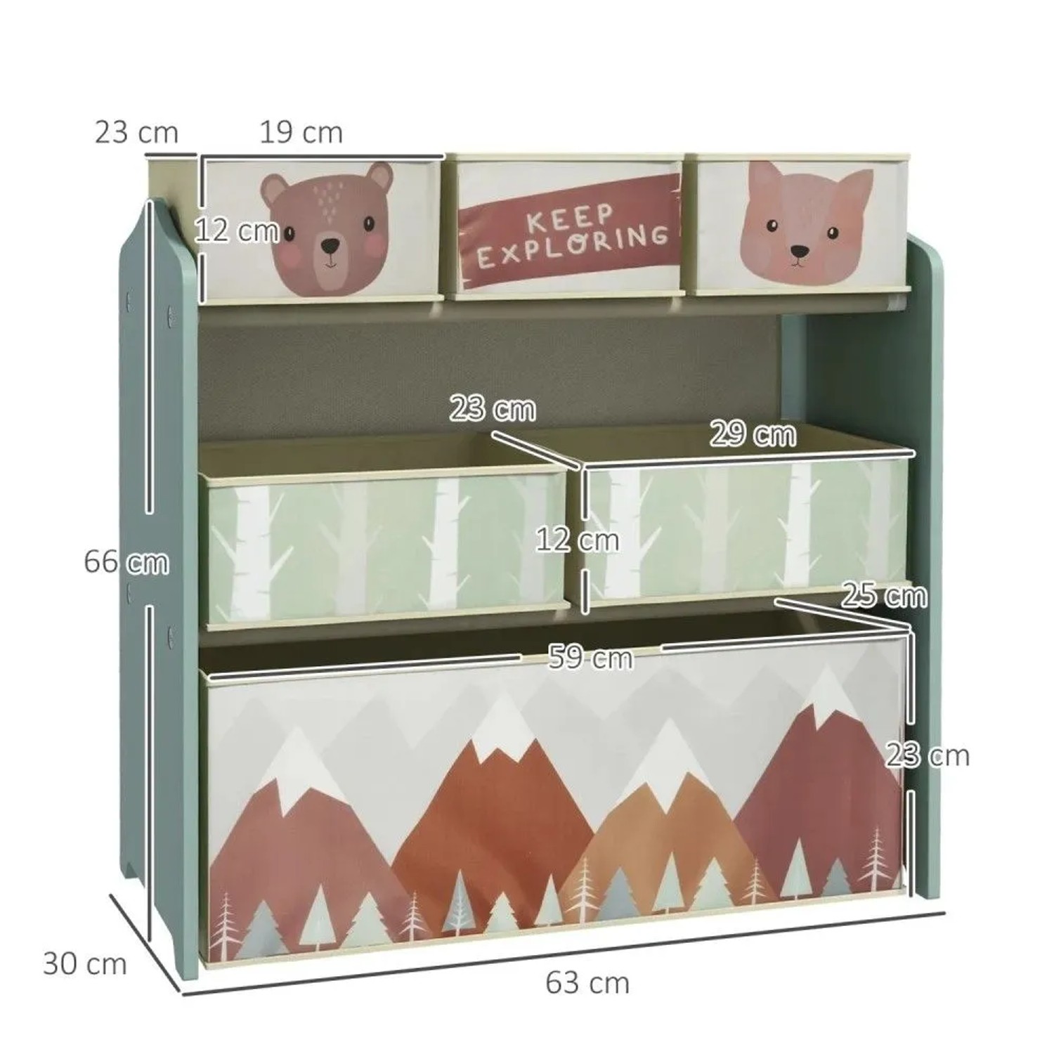 ZONEKIZ Kinderzimmerregal aus MDF mit 6 Vliesstoff-Boxen in Hellblau, 63x30x66 cm. Niedliche Tier- und Naturmotive für Spielzeug & Bücher.