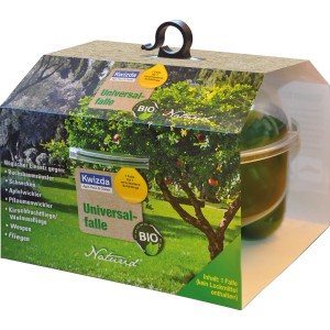 Kwizda Naturid Universalfalle zur biologischen Schädlingsbekämpfung. Falle im Karton mit Bild eines Obstbaums.