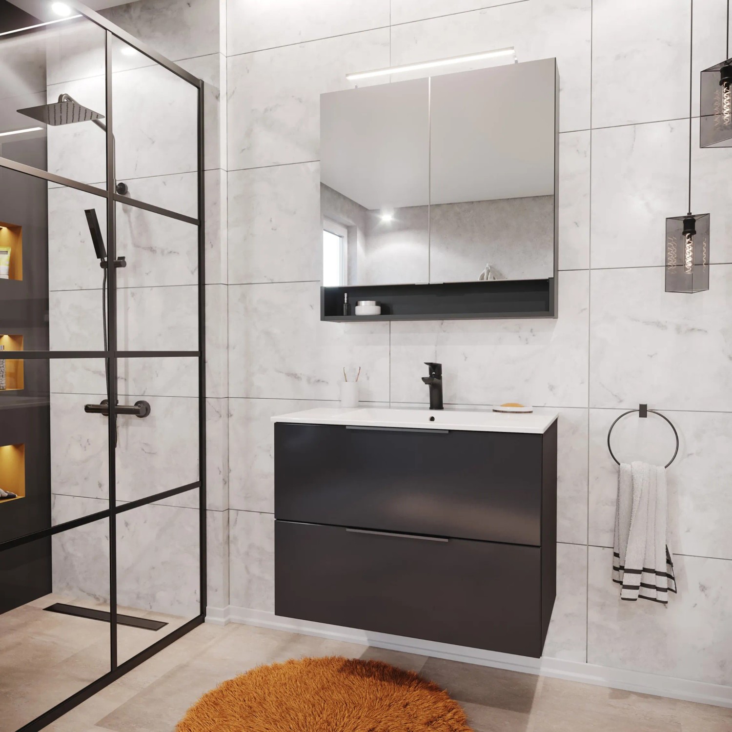 Modernes Badezimmer mit Fackelmann Spiegelschrank Luna in Anthrazit, 80 cm breit.