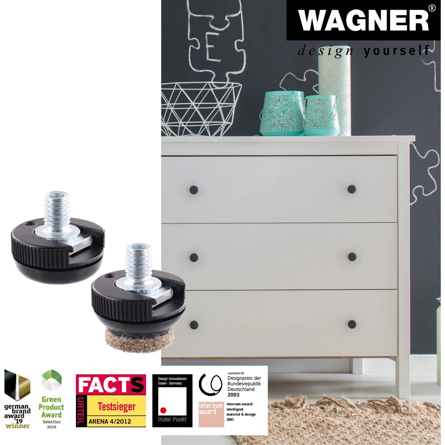 Wagner Verstellfüße Justus Slim, 4er Set Möbelbeine mit QuickClick System und Gleiteinsätzen, 1,5 cm.