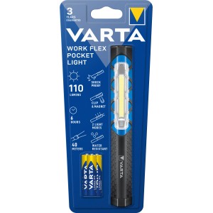 Varta LED-Taschenlampe Work Flex Pocket Light mit Batterien, stoßfest und spritzwassergeschützt.