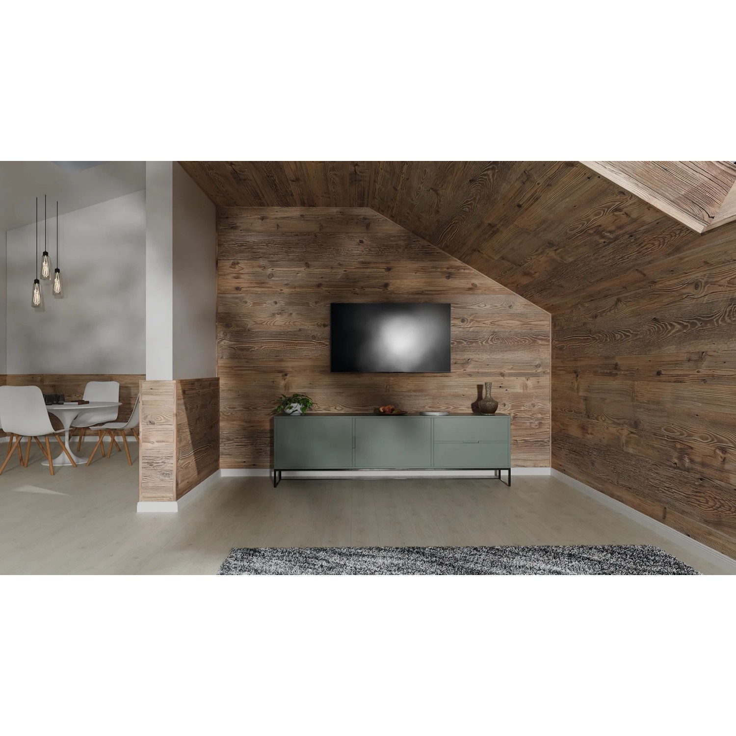 Wohnraum mit Egger Decowall Wandverkleidung AL001 Namur Fichte Natur und passender Abdeckleiste.